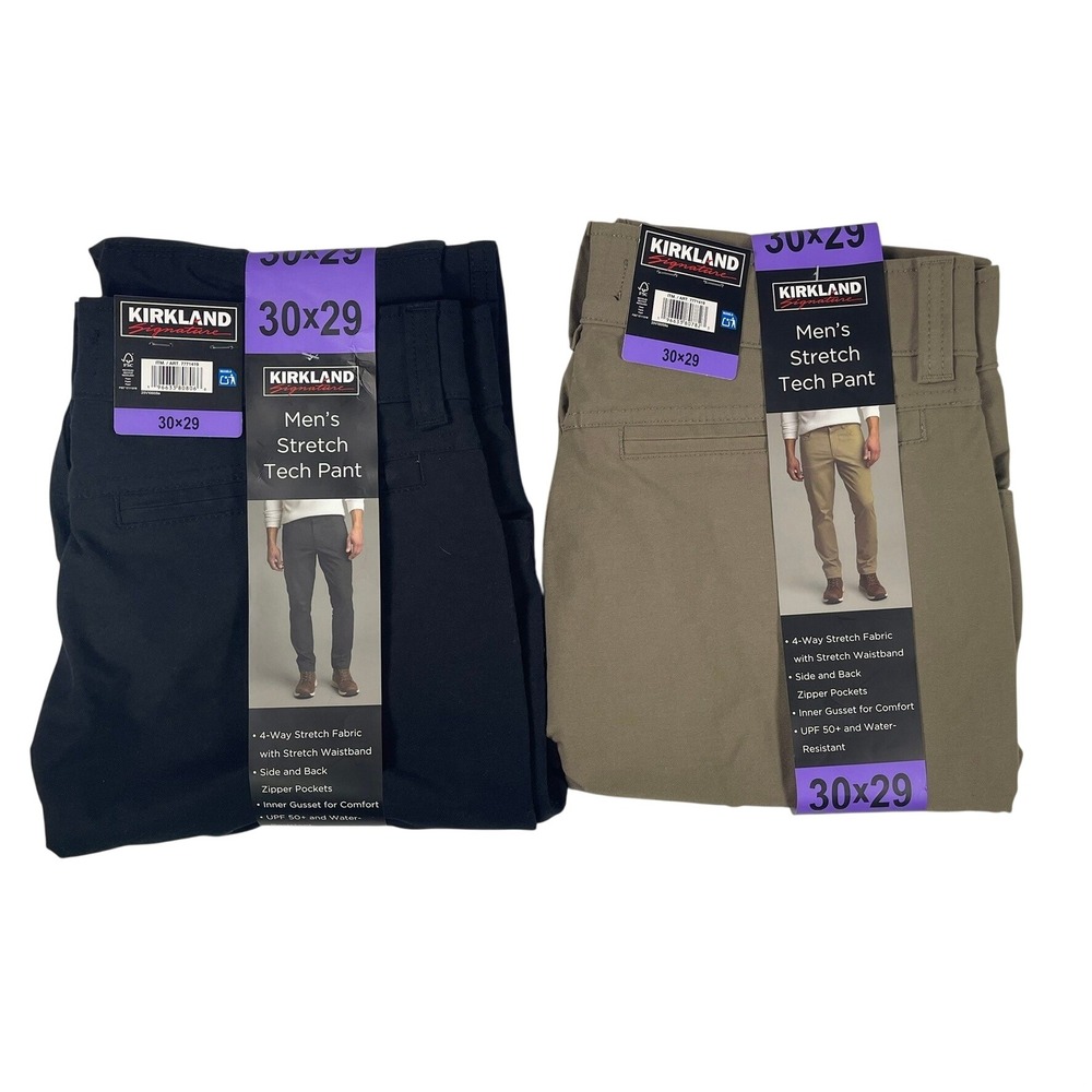 Kirkland Signature Mens Stretch Tech Pant 30x29 Lot of 2 Black Khaki 7771419